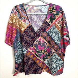 Natural Life Colorful Patchwork Easy V-Neck Top Blouse Women’s Small Boho Hippie